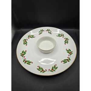 Macys All The Trimmings Christmas Platter W/Attached Dip Bowl. White Gold Trim